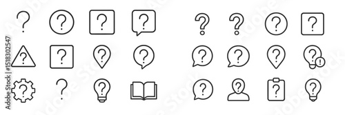 Various outline icons representing questions, symbols, and objects typically used in design elements for communication and informative purposes