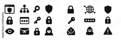 Icons representing cybersecurity concepts with a variety of symbols related to protection and online safety