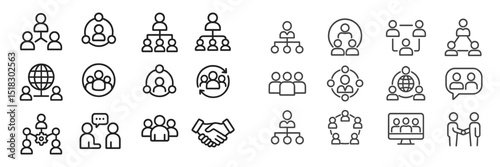 Variety of line icons representing different types of social interactions and organizational structures in a modern design style