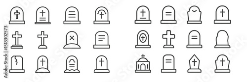 Gravestones and crosses depicted in various styles showcasing a cemetery theme in a simplistic, linear design