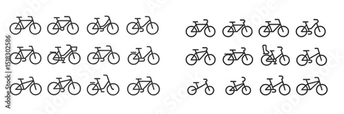 Collection of various bicycle designs arranged in rows showcasing different styles and features during daytime