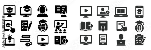 Icons representing online education tools including computers, tablets, and learning materials suitable for virtual classrooms