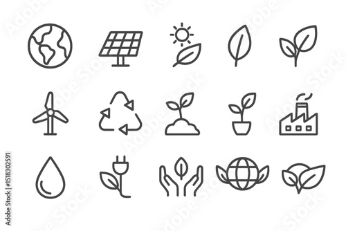 Collection of eco-friendly symbols representing sustainable practices and renewable energy solutions at a modern design