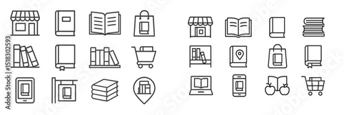 Collection of simple line icons representing books, shopping, and digital devices for educational themes