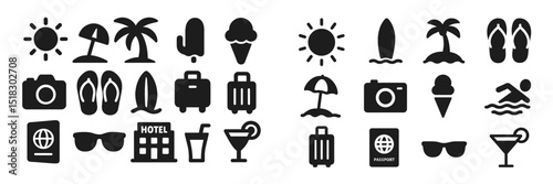 Various vacation icons representing fun summer activities and travel essentials at a beach location