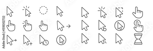 Collection of diverse cursor icons illustrating various computer and touchscreen actions for user interface design