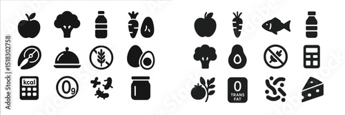 Nutrition symbols and food icons showcase health and wellness information in a minimalist design