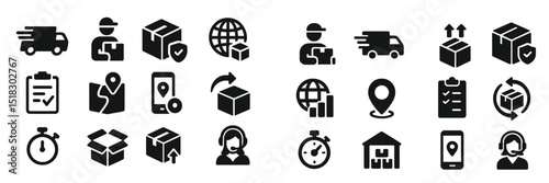 Delivery and logistics icons representing various shipping activities and processes in a minimalist design
