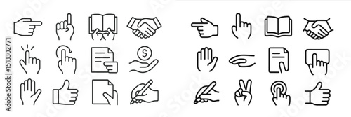 Various hand gestures and icons representing communication, interaction, and business activities in a minimalist design