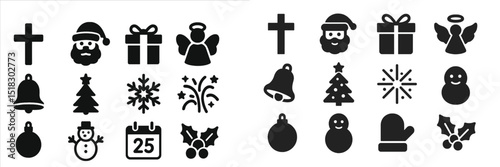 Holiday symbols including Christmas tree, snowman, presents, and angel displayed in black silhouette style