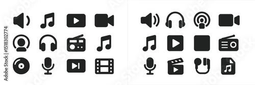 Collection of multimedia icons representing audio and video concepts in a simple design suitable for various digital contexts