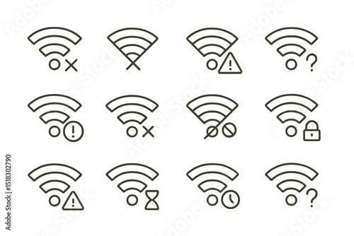 Different wifi signals and indicators showing connection status, quality, and security features in a simple design