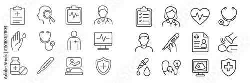 Health care icons depicting medical professionals, equipment, and patient care aspects in a minimalist design