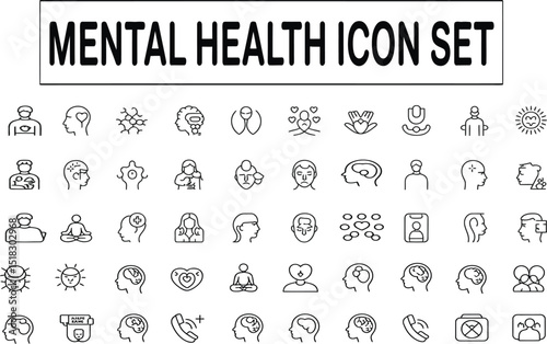 Mental Health Icons Set Line Art Wellness Therapy Support Healthcare Psychology Mind Brain Wellbeing Emotional Care Treatment Graphic Design Elements Vector Illustration sad love yoga head self help  
