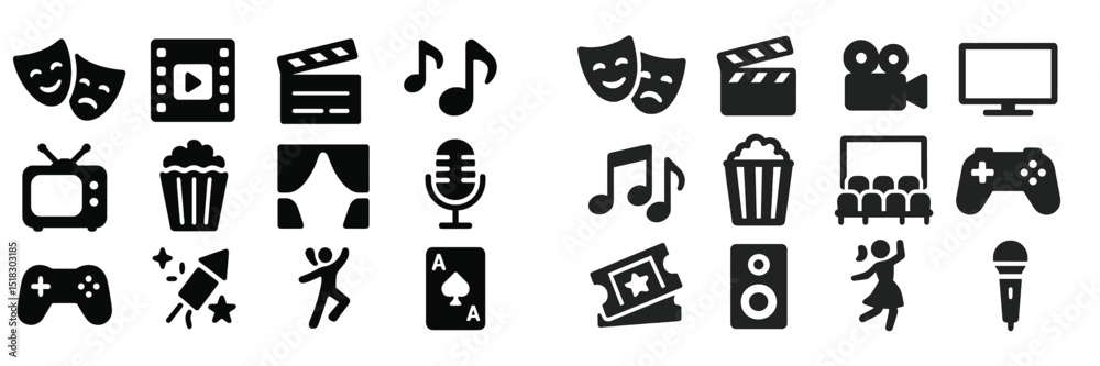 Symbols representing various forms of entertainment and media including music, film, and gaming elements