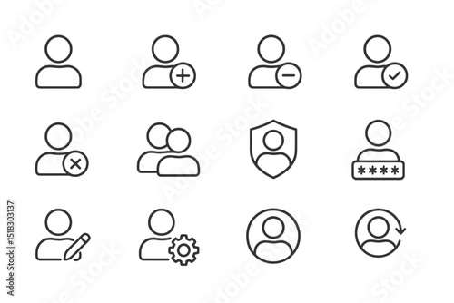 Collection of user account management icons illustrating various functional aspects of online profiles