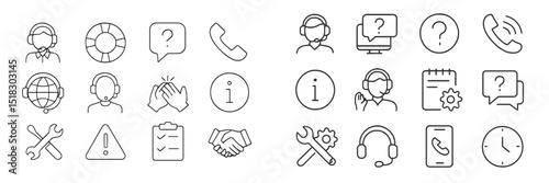 Collection of customer support and service icons showcasing various communication methods and tools