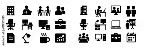 Black icons representing various office activities, remote work, and collaboration in a modern workspace