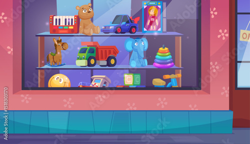 Kids shop. Funny toys in children marketplace exact vector cartoon background illustration