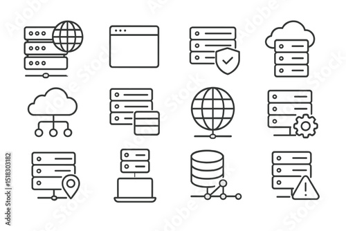 Icons representing data management, cloud storage, and network security systems in a cohesive visual layout