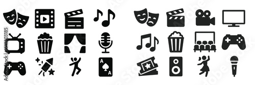 Symbols representing various forms of entertainment and media including music, film, and gaming elements