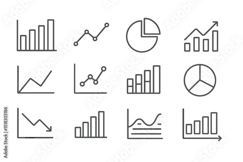 Collection of line graphs and charts representing data trends and statistics in a minimalistic style