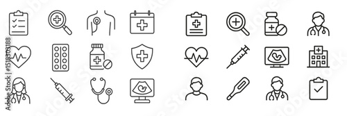 Medical icons representing healthcare, treatments, and medical professionals in a simple line art style