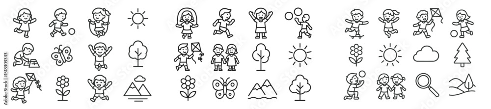 Naklejka premium Children playing outdoors in various activities surrounded by nature on a sunny day