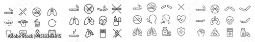 Symbols and icons representing smoking prohibition and health risks related to tobacco use in a creative layout