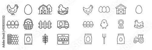 Illustrations of farm animals and egg production elements in a simple line art style