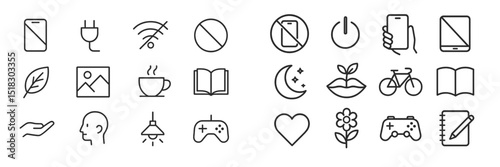 Variety of simple icons representing technology, nature, and leisure activities illustrating modern life