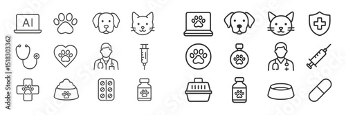 Icons representing veterinary care, pet health, and technology in an organized grid layout