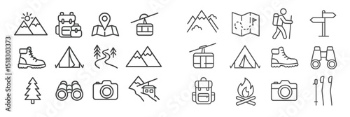 Outdoor adventure icons representing hiking, camping, and exploration in mountainous regions
