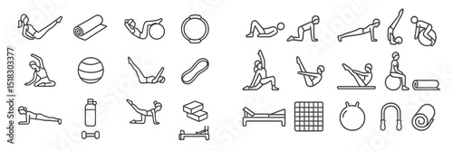Diverse exercise icons representing various fitness activities and equipment for workouts in a gym setting