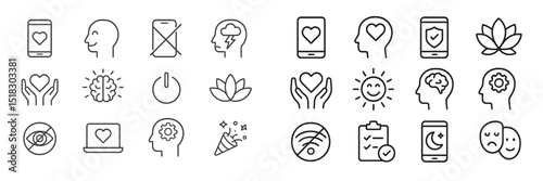 Icons representing mental health awareness, emotional well-being, and self-care practices in a minimalistic style