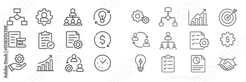 Modern line icons representing business processes, teamwork, and productivity measures in a minimalist style