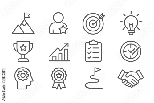 Icons representing achievement and success in personal and professional development with symbols of goals, recognition, and teamwork