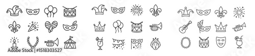 Festive icons representing celebration themes with masks, balloons, and musical instruments in a joyful arrangement