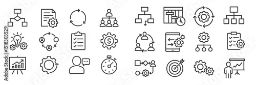 Various icons representing business workflow, teamwork, and project management in a professional context