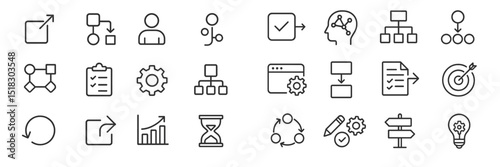 Icons representing various concepts of communication, organization, and technology in a minimalist style