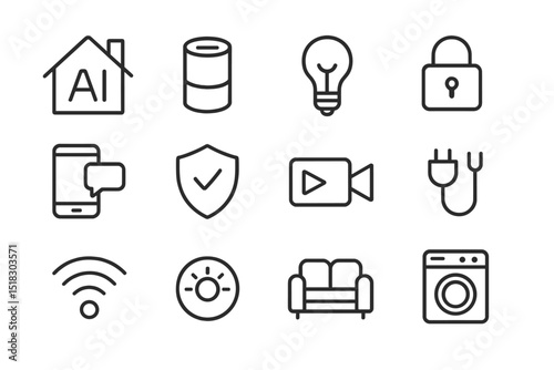 Collection of simple icons representing smart home technology and related features for modern living