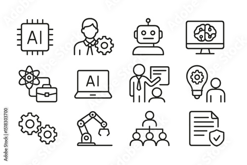 Icons representing artificial intelligence, technology, and education in a modern workspace environment