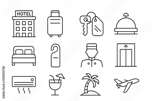 Iconic symbols representing the hotel and travel experience in a simple line drawing style