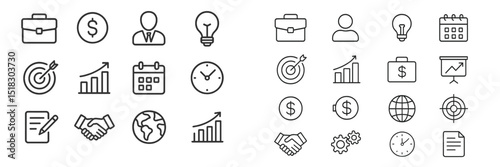 Business concepts represented by minimalistic icons showcasing finance, growth, and teamwork in a modern design layout