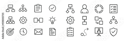Collection of minimalistic icons representing various concepts for business and technology communication and management