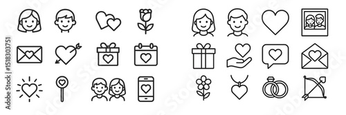 Illustrations of love and friendship symbols with hearts, gifts, and happy couples for celebrations and special occasions