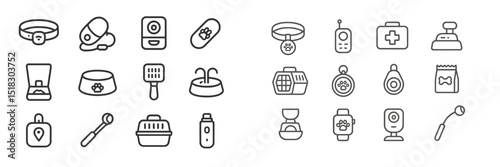 Collection of pet accessories and care items displayed in a neat row in a modern design