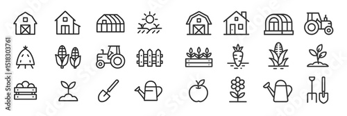 Line art icons depicting various elements of farming and agriculture showcasing rural life and gardening activities