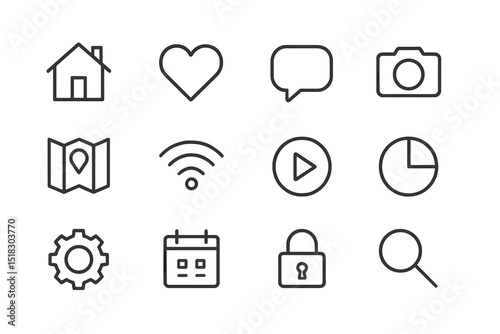 Icon collection featuring home, love, communication, photography, navigation, and security symbols suitable for digital applications