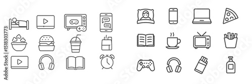 Activities and leisure icons representing relaxation, entertainment, and food choices at home